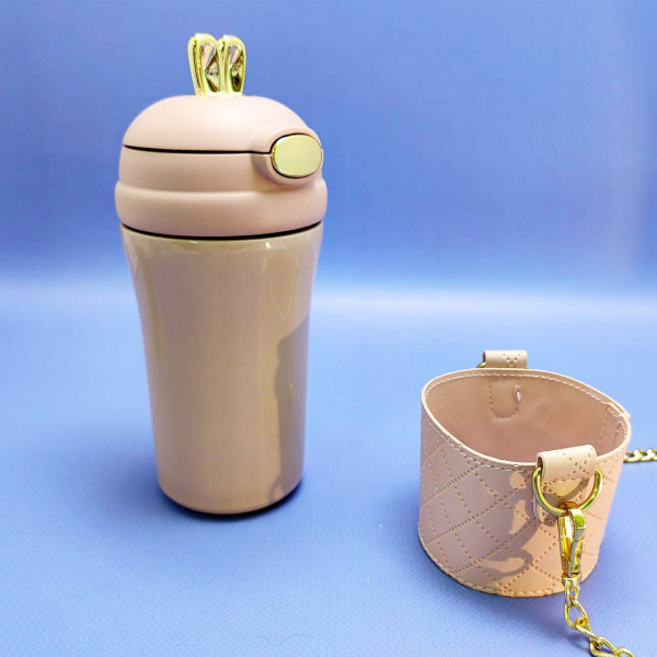 Термокружка "Зайка с ушками" 400 мл. / Термостакан из нержавеющей стали с чехлом, ремешком и трубочкой, Розовый